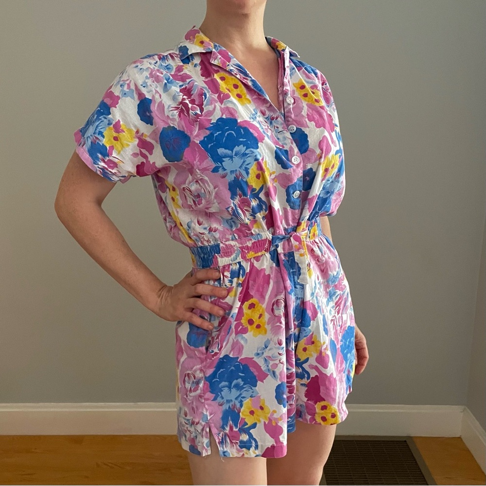 Vintage 80s Chandni 100% Cotton Romper Floral Print Cottage Core Rockabilly - Picture 8 of 9